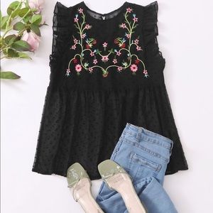 Floral Embroidery Yoke Ruffle Trim Smock Top